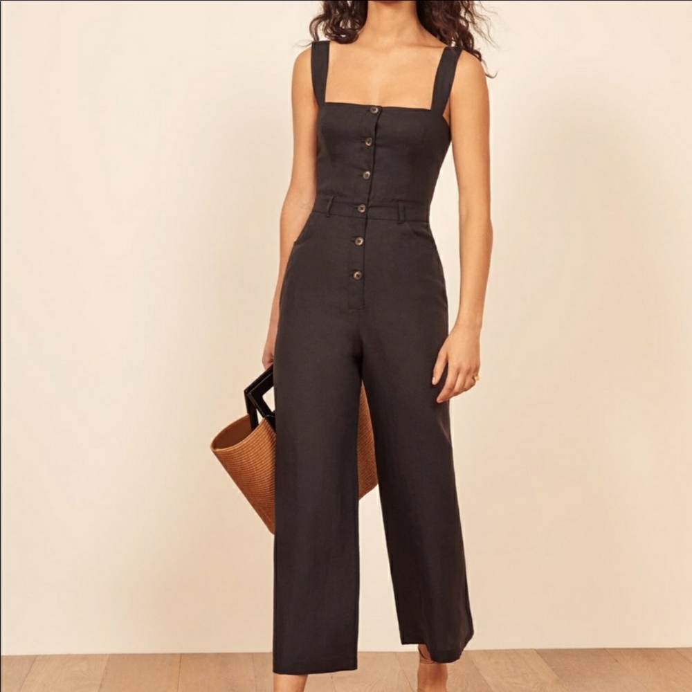 Reformation 4 Black Linen Tyler Button Jumpsuit